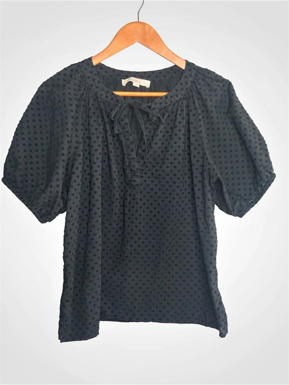 LOFT Black Polka Dot Cotton Blouse Size Medium Like New